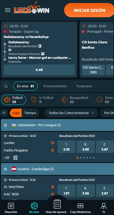 Vista móvil de casino y apuestas