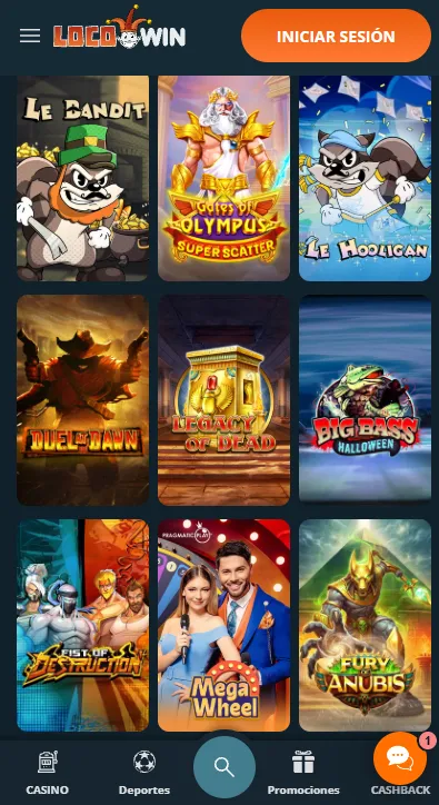 Casino móvil de LocoWin con filtros