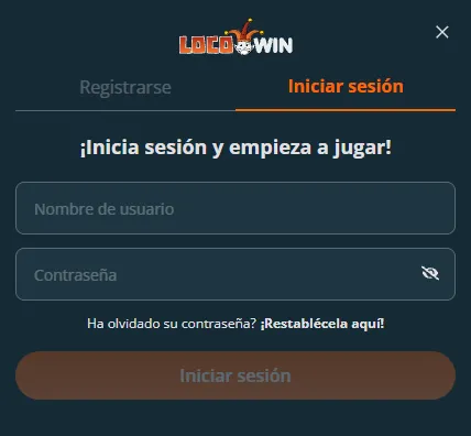 Formulario de acceso a la cuenta de LocoWin con usuario y contraseña