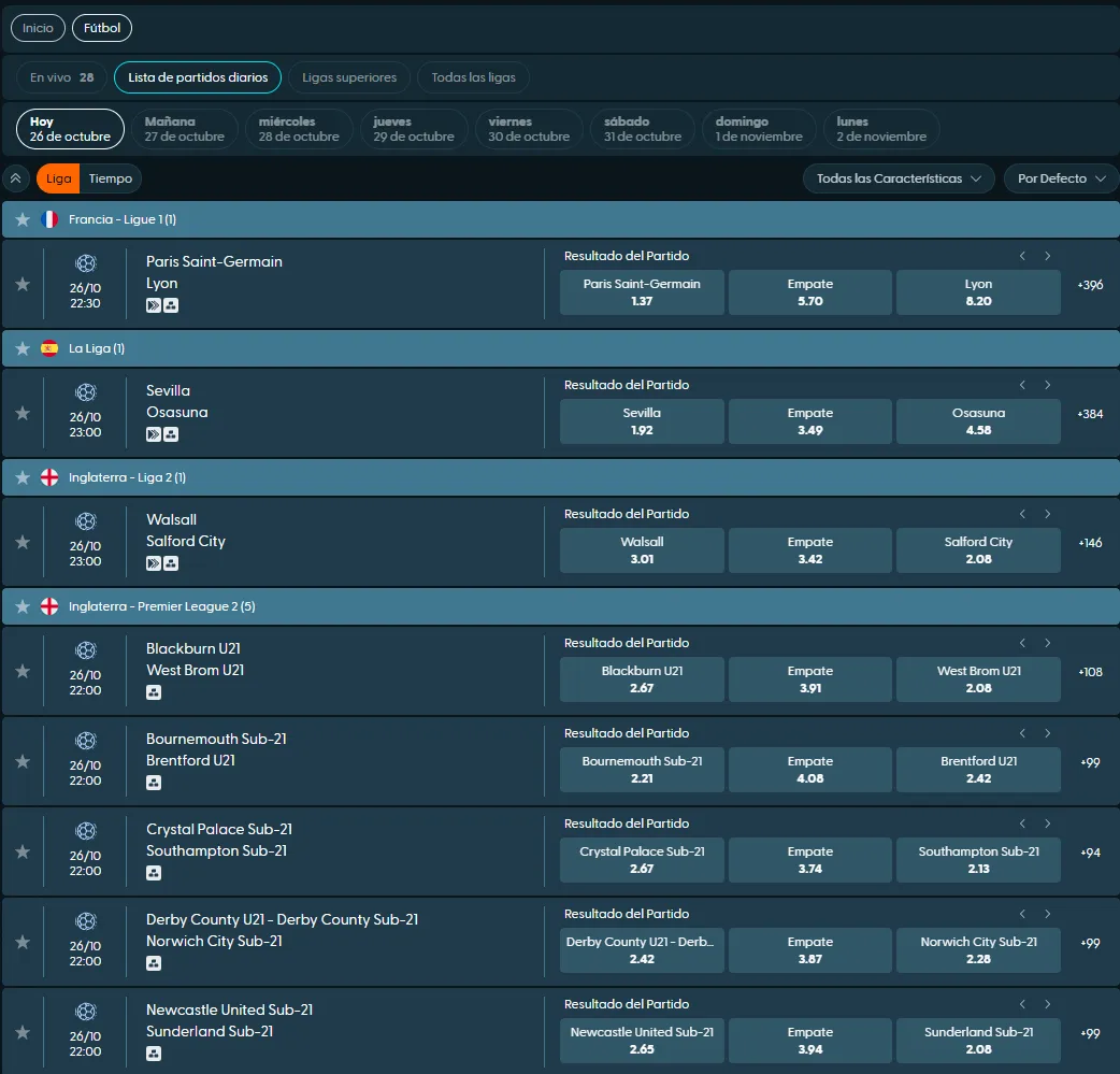 Menú de deportes disponibles en LocoWin