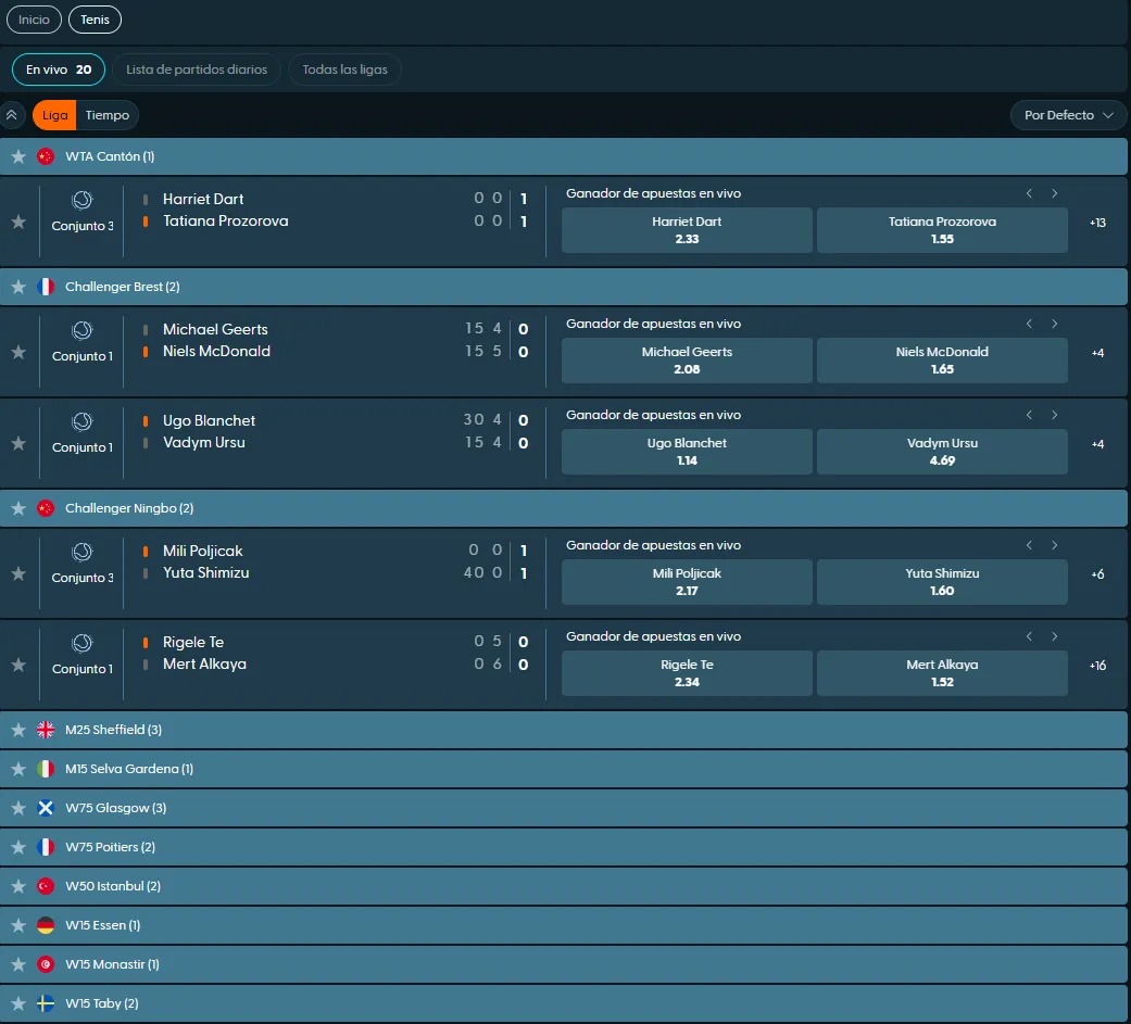 Menú de apuestas previas y en directo
