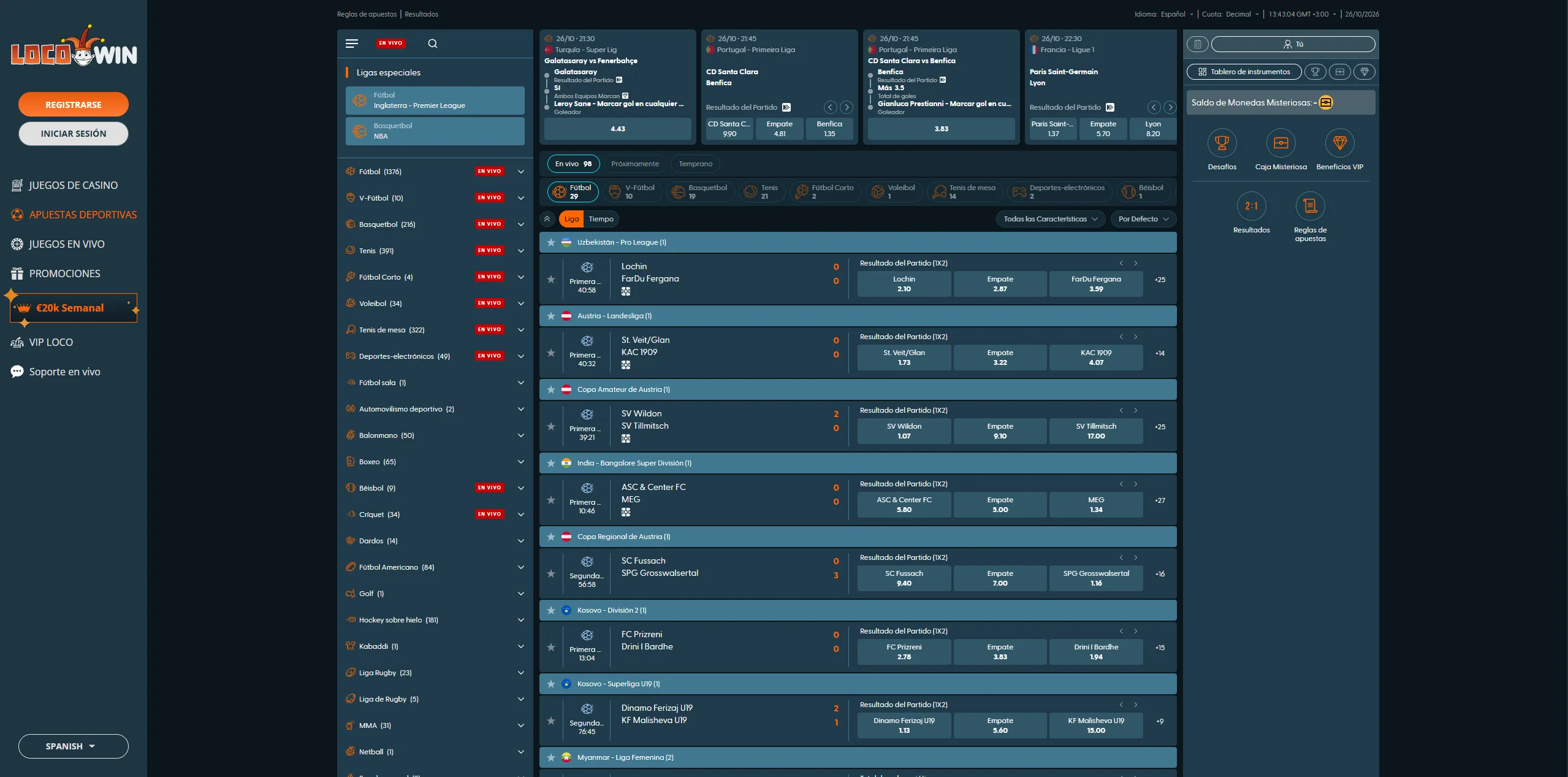 Pantalla de apuestas deportivas de LocoWin